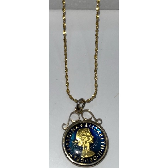 Enameled Glass Covered 1967 Sixpence 1962 Golden Hind Half Penny 18" Necklace - Picture 3 of 5